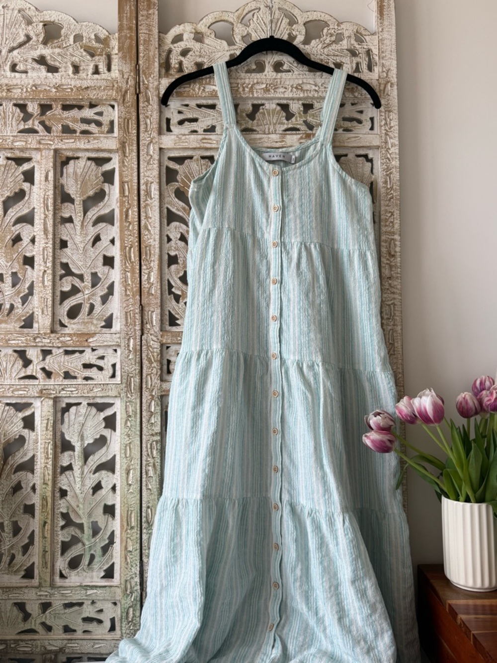 Haven Pale Blue Striped Tiered Button-Front Maxi Dress
